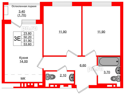 Квартира в ЖК Кроны и Волны, 2 комнатная, 51.9 м², 4 этаж