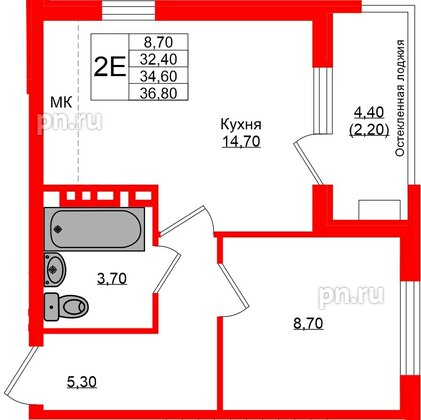 Квартира в ЖК Кроны и Волны, 1 комнатная, 34.6 м², 4 этаж