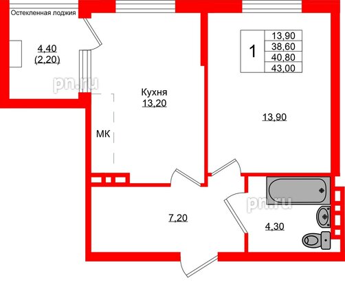 Квартира в ЖК Кроны и Волны, 1 комнатная, 40.8 м², 3 этаж