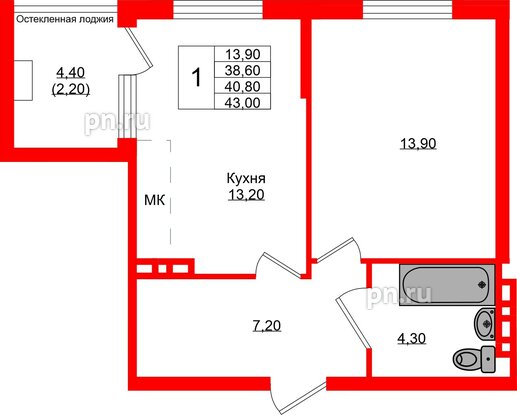 Квартира в ЖК Кроны и Волны, 1 комнатная, 40.8 м², 4 этаж
