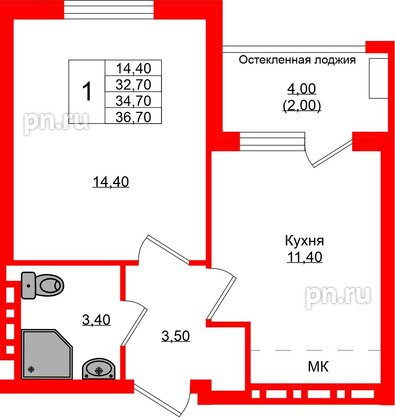 Квартира в ЖК Кроны и Волны, 1 комнатная, 34.7 м², 3 этаж