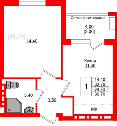 Квартира в ЖК Кроны и Волны, 1 комнатная, 34.7 м², 4 этаж