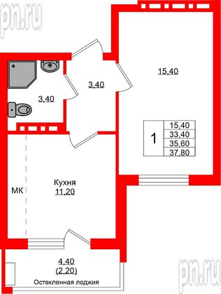 Квартира в ЖК Кроны и Волны, 1 комнатная, 35.6 м², 4 этаж