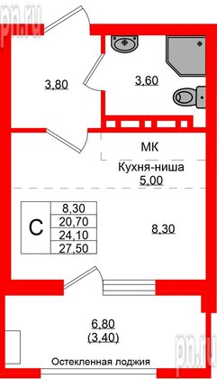 Квартира в ЖК Кроны и Волны, студия, 24.1 м², 2 этаж
