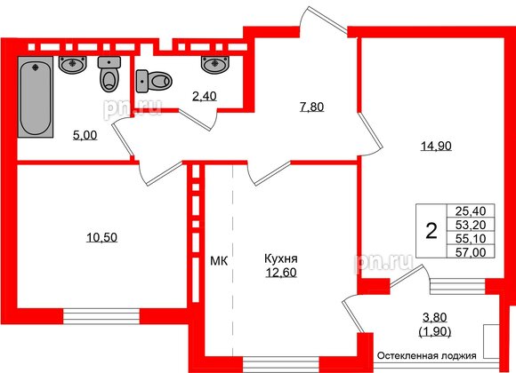 Квартира в ЖК Кроны и Волны, 2 комнатная, 55.1 м², 4 этаж