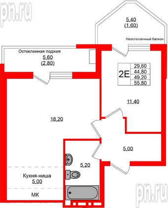 Квартира в ЖК Кроны и Волны, 2 комнатная, 49.2 м², 2 этаж