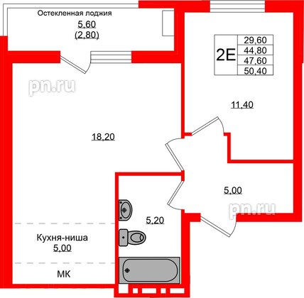 Квартира в ЖК Кроны и Волны, 2 комнатная, 47.6 м², 4 этаж