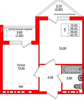 Квартира в ЖК Кроны и Волны, 1 комнатная, 39 м², 2 этаж