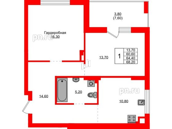 Квартира в ЖК Васильки, 1 комнатная, 64.4 м², 1 этаж
