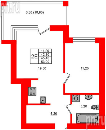 Квартира в ЖК Парковый, 1 комнатная, 45.4 м², 4 этаж