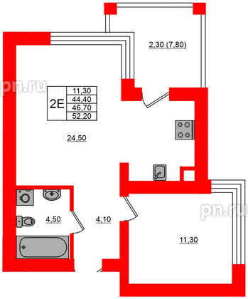 Квартира в ЖК Парковый, 1 комнатная, 46.7 м², 1 этаж