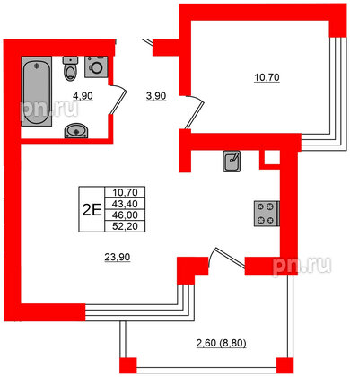 Квартира в ЖК Парковый, 1 комнатная, 46 м², 1 этаж