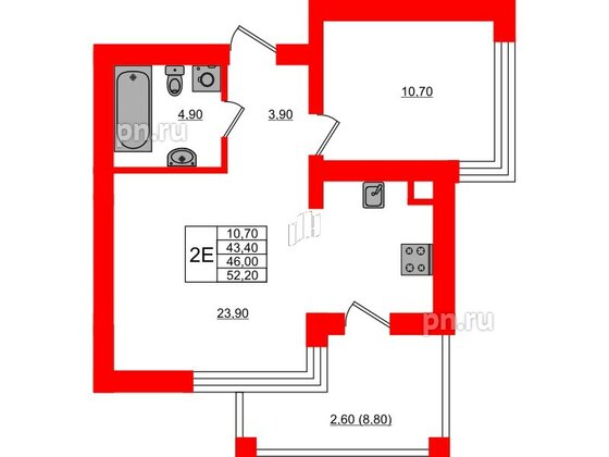 Квартира в ЖК Парковый, 1 комнатная, 46 м², 4 этаж