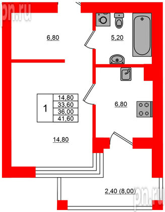 Квартира в ЖК Парковый, 1 комнатная, 36 м², 5 этаж