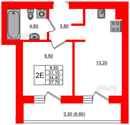 Квартира в ЖК Парковый, 1 комнатная, 34.4 м², 4 этаж