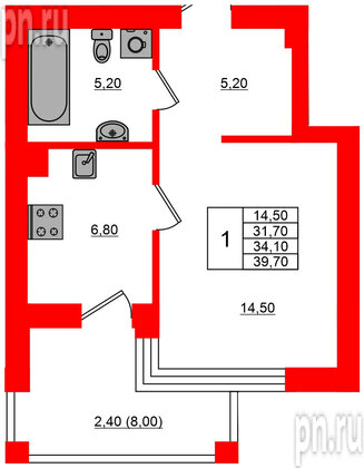 Квартира в ЖК Парковый, 1 комнатная, 34.1 м², 5 этаж