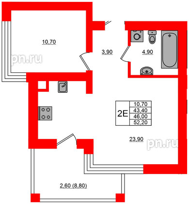 Квартира в ЖК Парковый, 1 комнатная, 46 м², 4 этаж