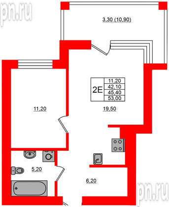 Квартира в ЖК Парковый, 1 комнатная, 45.4 м², 4 этаж