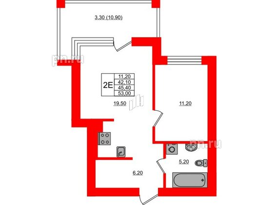 Квартира в ЖК Парковый, 1 комнатная, 45.4 м², 1 этаж