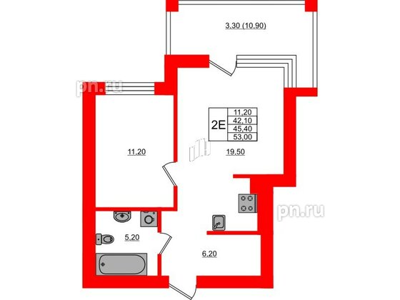 Квартира в ЖК Парковый, 1 комнатная, 45.4 м², 3 этаж