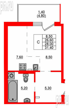 Квартира в ЖК Левада, студия, 28 м², 1 этаж