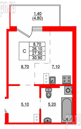 Квартира в ЖК Левада, студия, 27.5 м², 2 этаж