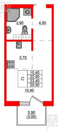 Квартира в ЖК Левада, студия, 23.4 м², 2 этаж