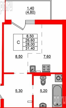 Квартира в ЖК Левада, студия, 28 м², 1 этаж