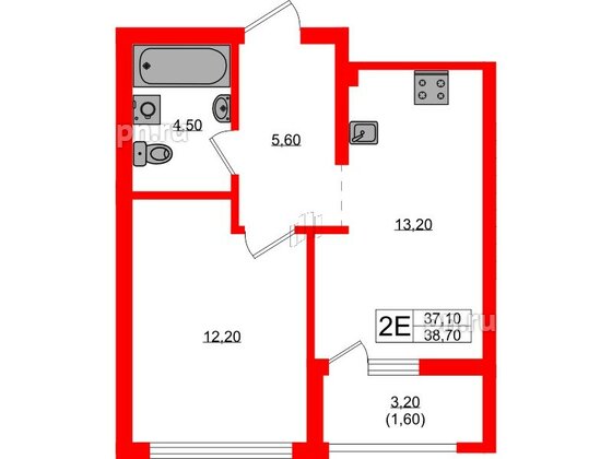 Квартира в ЖК Гагарина 30, 1 комнатная, 37.1 м², 2 этаж