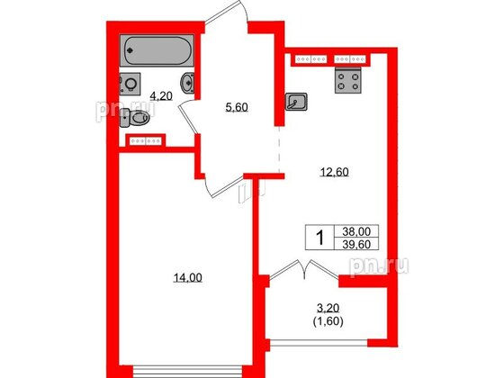 Квартира в ЖК Гагарина 30, 1 комнатная, 38 м², 18 этаж