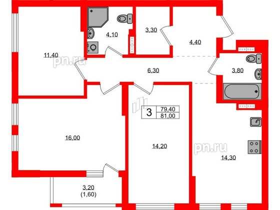 Квартира в ЖК Гагарина 30, 3 комнатная, 79.4 м², 6 этаж
