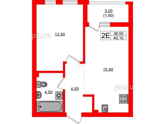 Квартира в ЖК Гагарина 30, 1 комнатная, 38.5 м², 2 этаж