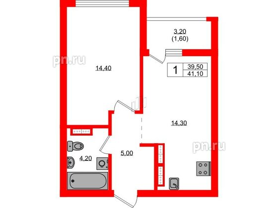 Квартира в ЖК Гагарина 30, 1 комнатная, 39.5 м², 17 этаж