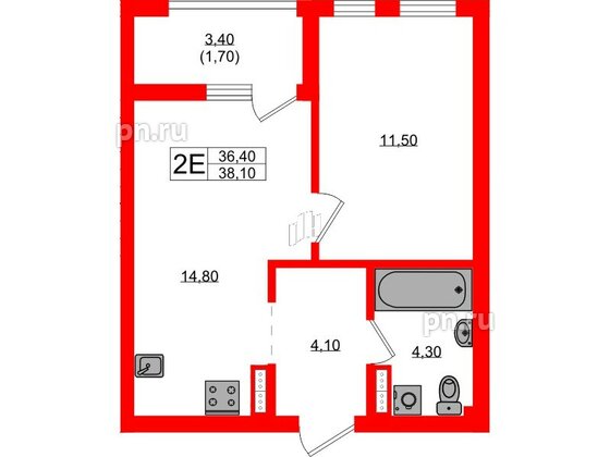 Квартира в ЖК Гагарина 30, 1 комнатная, 36.4 м², 2 этаж