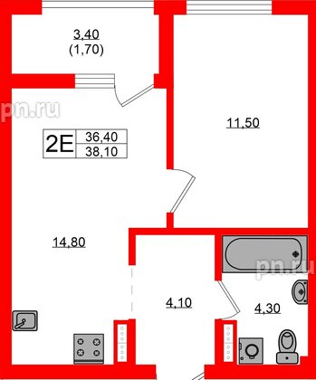 Квартира в ЖК Гагарина 30, 1 комнатная, 36.4 м², 3 этаж