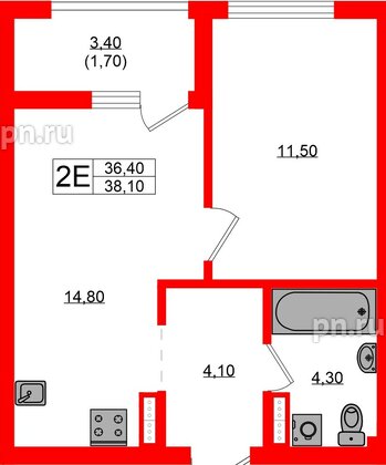 Квартира в ЖК Гагарина 30, 1 комнатная, 36.4 м², 5 этаж
