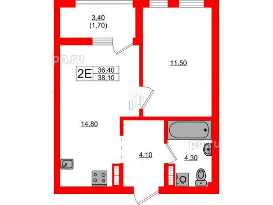 Квартира в ЖК Гагарина 30, 1 комнатная, 36.4 м², 9 этаж