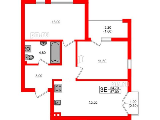 Квартира в ЖК Гагарина 30, 2 комнатная, 54.7 м², 2 этаж