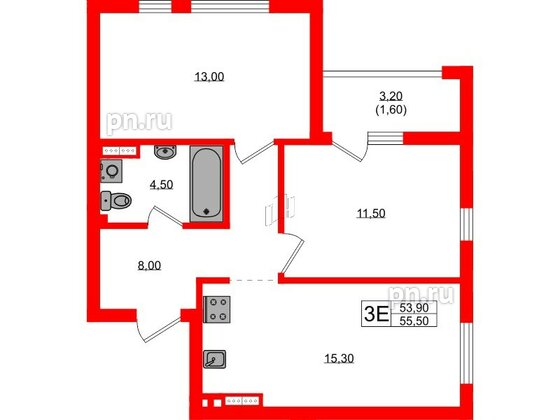 Квартира в ЖК Гагарина 30, 2 комнатная, 53.9 м², 6 этаж