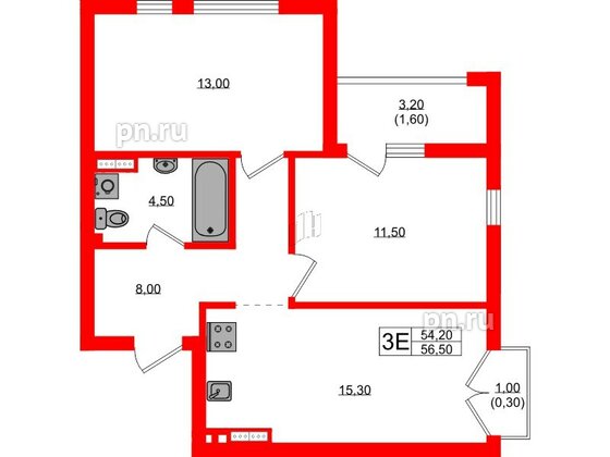 Квартира в ЖК Гагарина 30, 2 комнатная, 54.2 м², 8 этаж