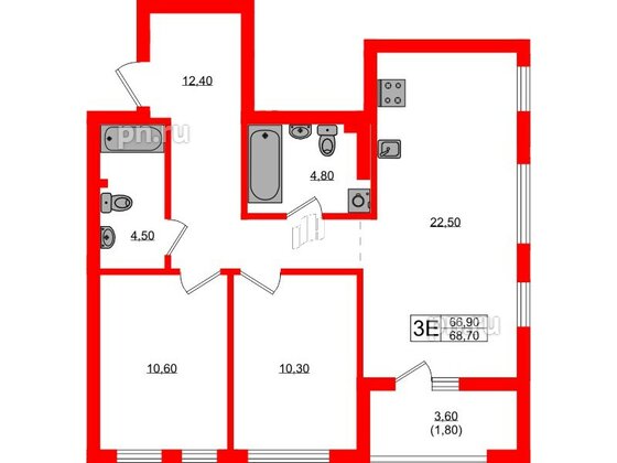 Квартира в ЖК Гагарина 30, 2 комнатная, 66.9 м², 1 этаж
