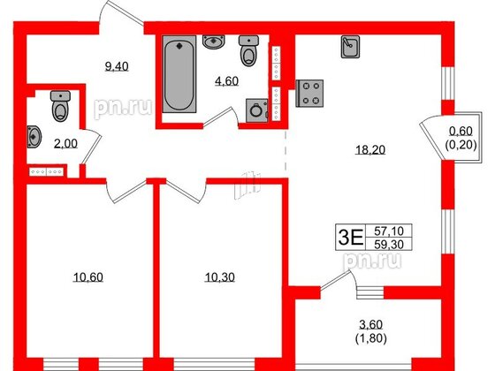 Квартира в ЖК Гагарина 30, 2 комнатная, 57.1 м², 2 этаж