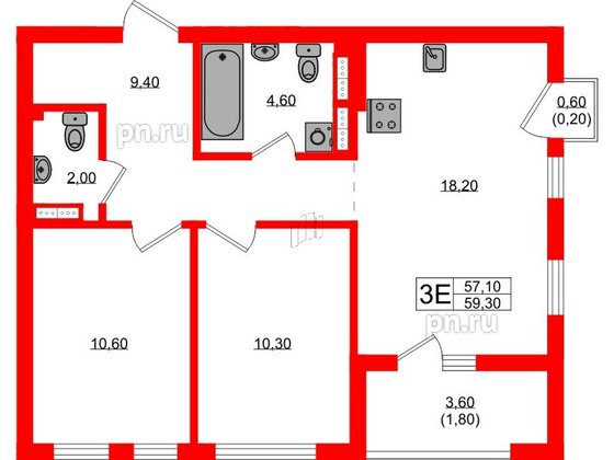 Квартира в ЖК Гагарина 30, 2 комнатная, 57.1 м², 9 этаж