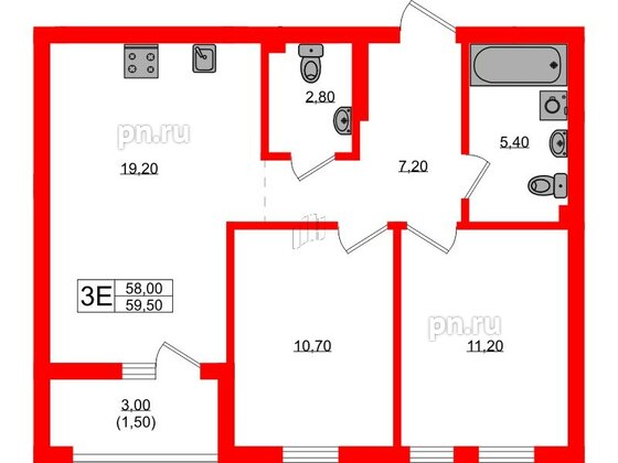 Квартира в ЖК Гагарина 30, 2 комнатная, 58 м², 1 этаж
