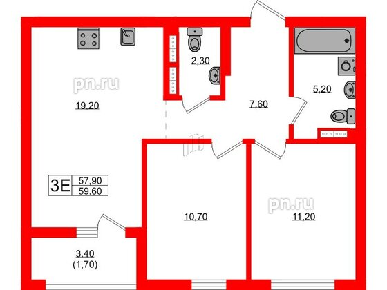 Квартира в ЖК Гагарина 30, 2 комнатная, 57.9 м², 2 этаж