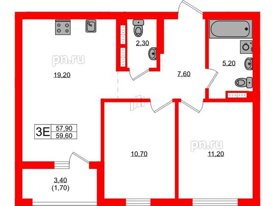 Квартира в ЖК Гагарина 30, 2 комнатная, 57.9 м², 6 этаж
