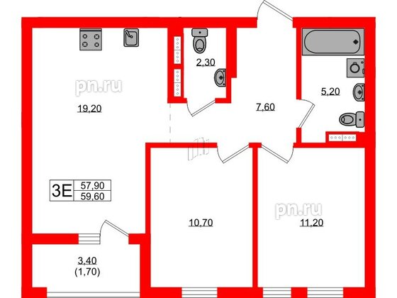 Квартира в ЖК Гагарина 30, 2 комнатная, 57.9 м², 7 этаж