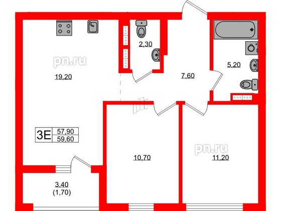 Квартира в ЖК Гагарина 30, 2 комнатная, 57.9 м², 8 этаж