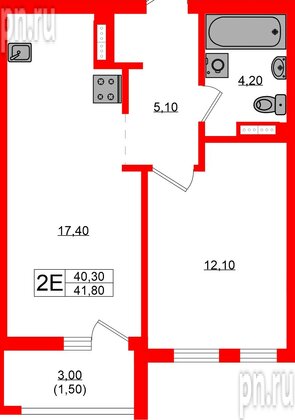 Квартира в ЖК Гагарина 30, 1 комнатная, 40.3 м², 3 этаж