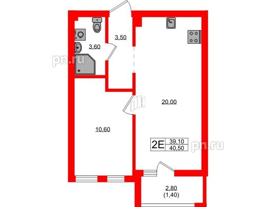 Квартира в ЖК Гагарина 30, 1 комнатная, 39.1 м², 1 этаж